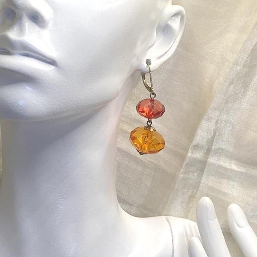 Vintage 60s Amber & Coral Orange Faceted Lucite Style Dangle Earrings